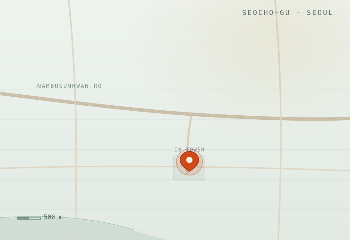 Map showing BK bio's Seoul Yangjae sales office at IB Tower, Nambusunhwan-ro 350-gil, Seocho-gu, Seoul.