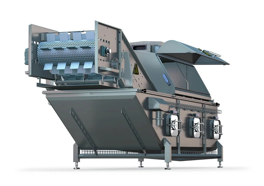 PEF (pulsed electric field) processing system: a stainless-steel conveyor unit with control cabinet.